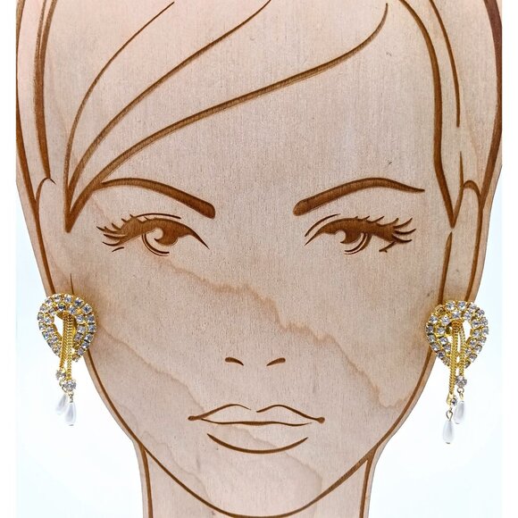 Crystal Earrings with Chain and Pearl Teardrop Dangles, Gold Tone Clip Ons - Picture 1 of 4